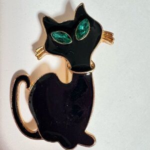 Enamel Black Cat Brooch with Green Eyes and gold tone setting